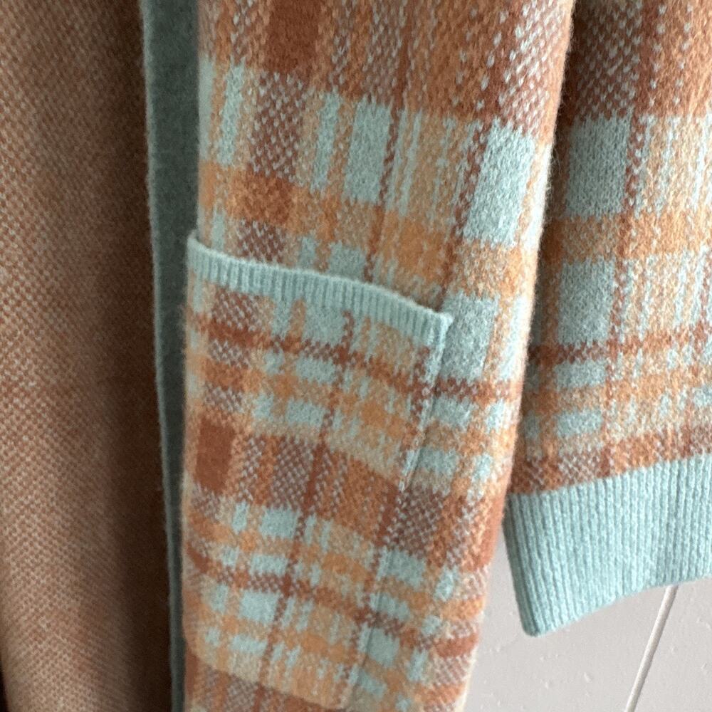 Talbots XL Brown/Blue Plaid Knit Wool Cardigan Sweater Long Sleeve Pockets - Picture 5 of 7